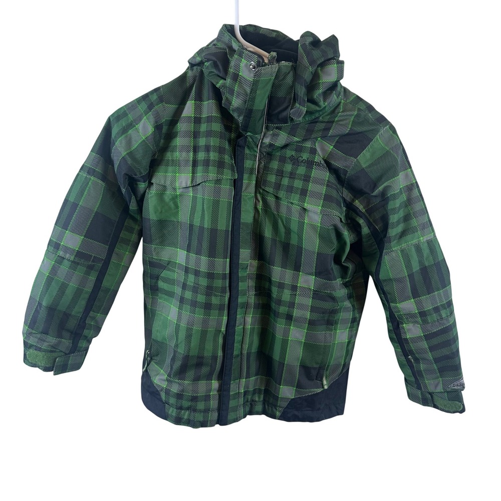 Columbia Interchange Jacket Kids Small Sz 8 Green Plaid Zip 3-in-1 Waterproof